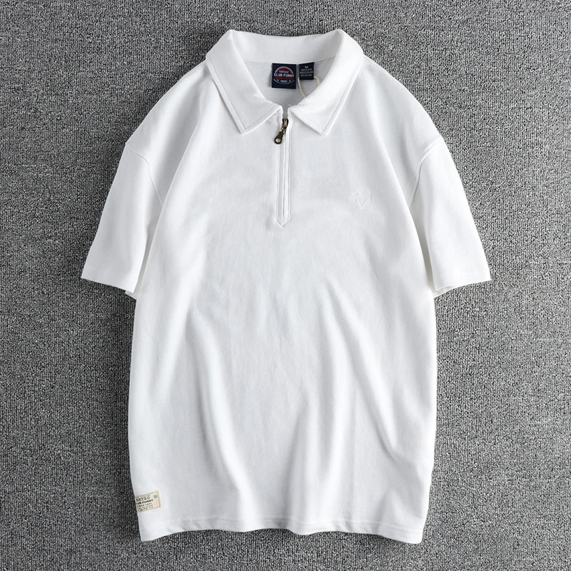 2024 Summer New American Retro Short-sleeved Lapel Embroidery Polo Shirt Men's Simple 100% Cotton Washed Business Casual Tops