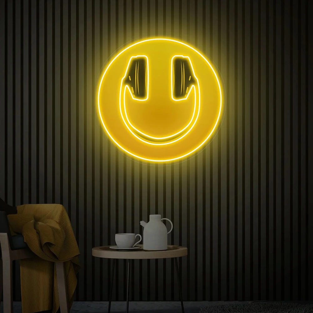 

Headphones Smile Neon Sign Happy Face Led Light Acrylic Artwork Custom Neon Signs Living Room Wall Art Home Bedroom Decor