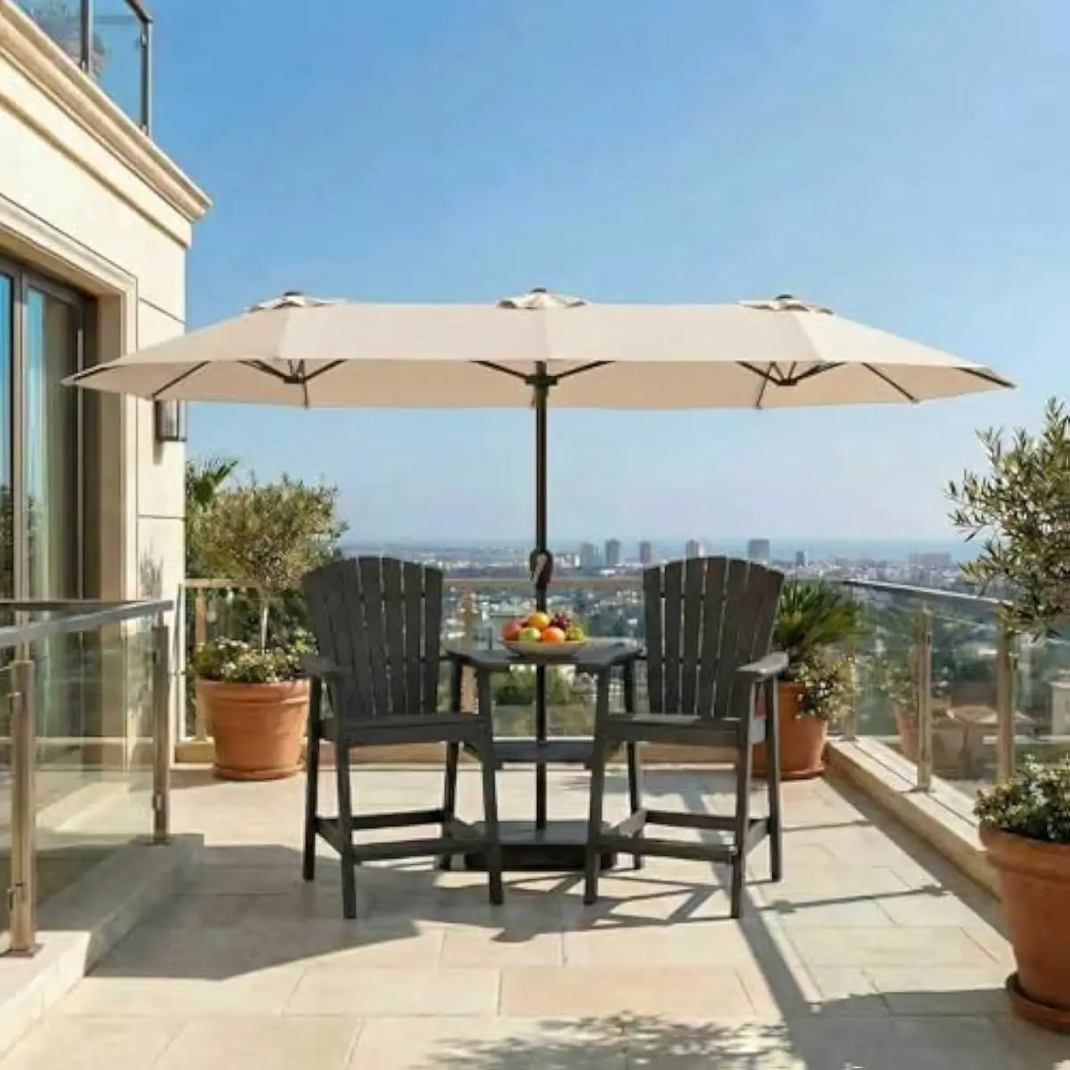15FT Dual-Sided Outdoor Umbrella with Heavy-Duty Alloy Steel Frame, Wind-Resistant Fiberglass Ribs, UPF 50+ UV-Blocking Canopy,