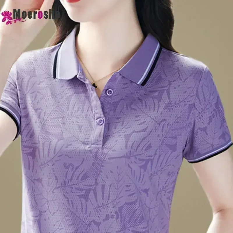 Moeroshe Short-sleeved T-shirt Women's New Summer Fashion Age-reducing Quick-drying Thin Top Medium Strecth Polo Shirt lapel