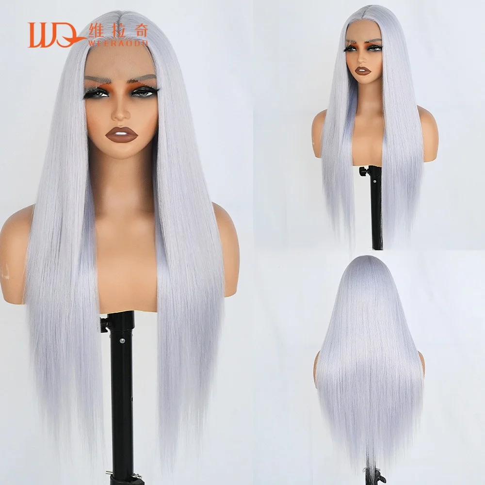 28 32Inch Light Blue Gray Straight Wig T Part Lace Hand Tied Heat Resistant Synthetic Fiber Glueless Wig for Daily Party Cosplay