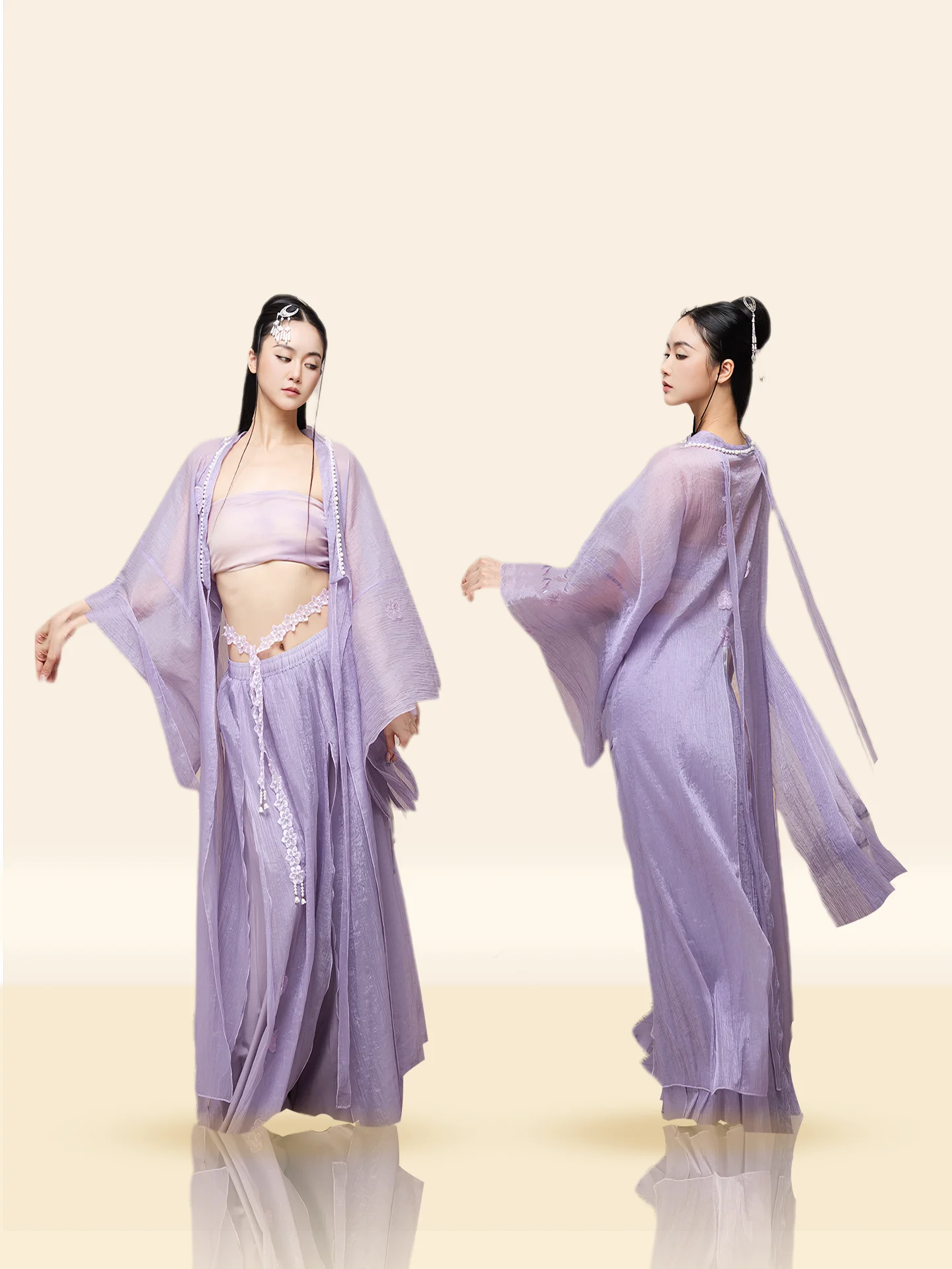 

Фиолетовый комплект из шелкового жоржета: юбка и топ. Свободный крой в китайском стиле, джазовый шик, универсальная этническая одежда в холодных тонах.