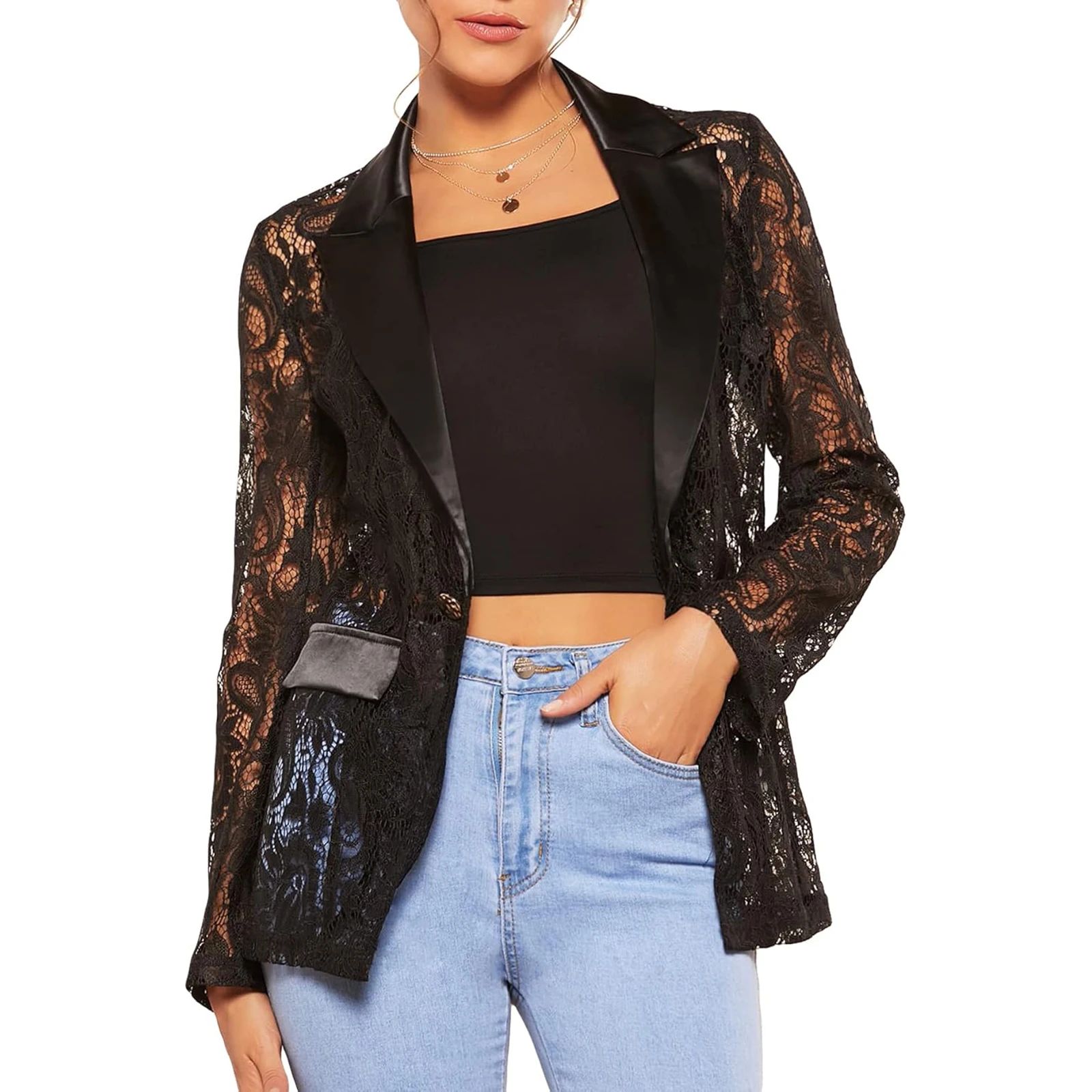 Blazer de moda para mujer, chaqueta de moda de manga larga con solapa de un solo botón de malla de encaje Floral, chaqueta de calle alta para mujer