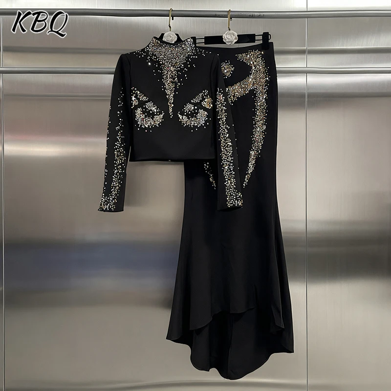 

KBQ Solid Spliced Sequins Two Piece Set for Women Stand Collar Long Sleeve Jacket High Wasit Skirts Luxury Women's Skirt Sets