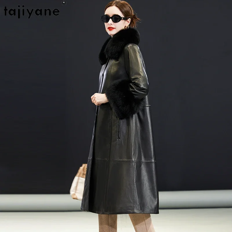 Tajiyane Genuine Sheepskin Leather Jacket Women Winter Long Down Coat Woman Real Fox Fur Collar and Cuffs Chaquetas Para Mujeres