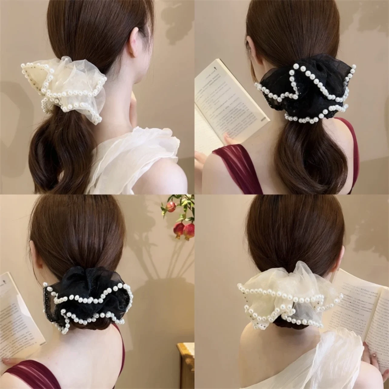 

Woman Extra Large Solid Gauze Pearl Elastics Hair Band Girls Sweet Scrunchies Hair Ties Ponytail Holders Lady Hair Accessories