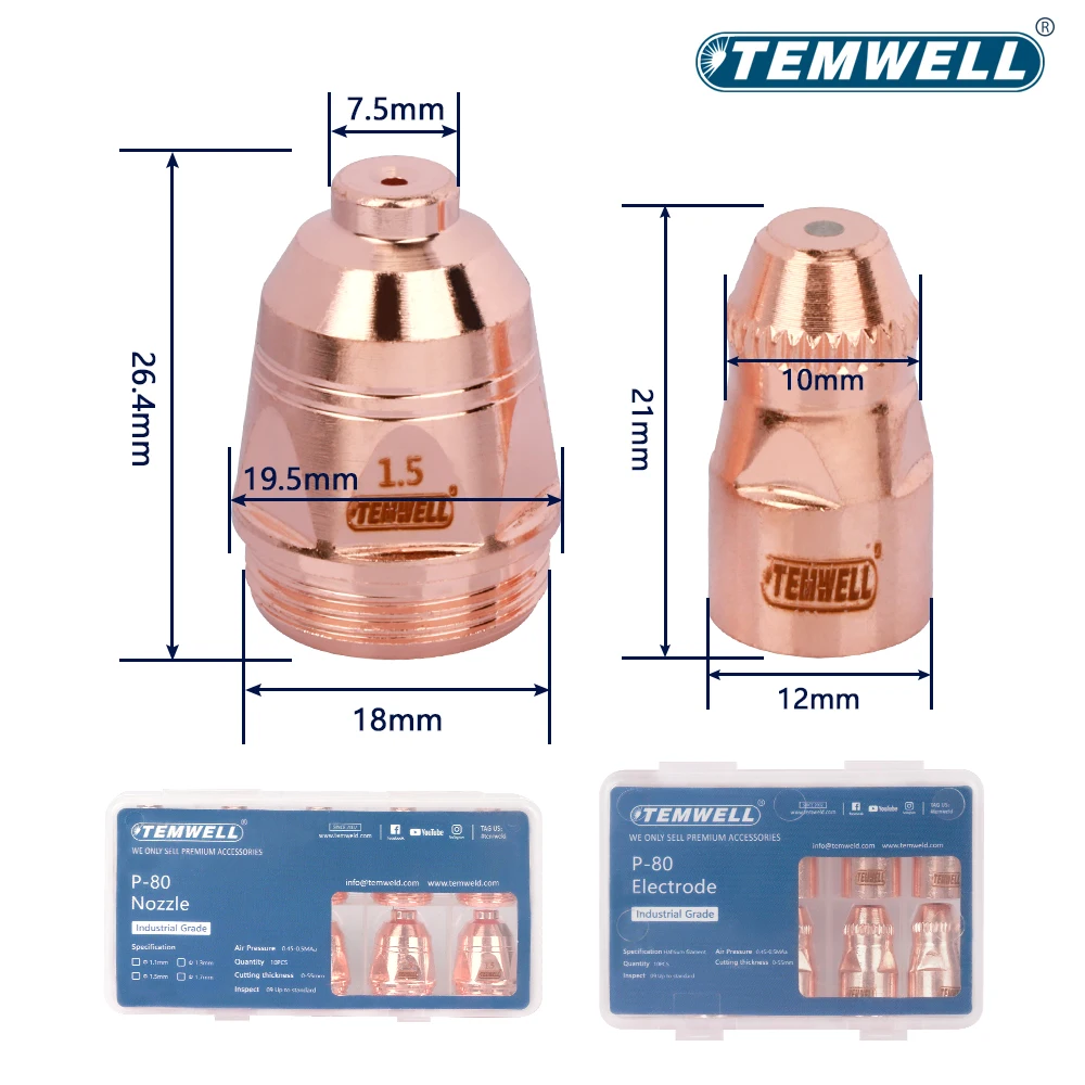 Boquilla de punta de electrodo de Plasma 20 piezas, de 60a soplete de corte de Plasma, 80a, 100A, 1,1/1,3/1,5/1,7mm, boquillas CNC de oro, plata y