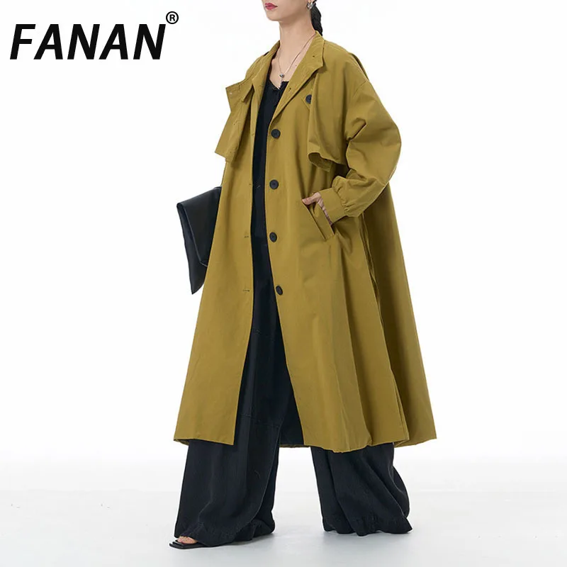 

FANAN Elegant Spliced Long Trench Women's Lapel Single Breasted Office Lady Windbreaker Solid Minimalism Coats 2025 Spring New