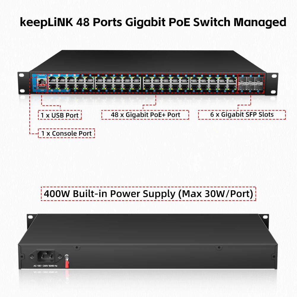 KeepLiNK 48-Port Gigabit Managed Switch with 48-PoE Ports and 6-10G SFP+ Uplink