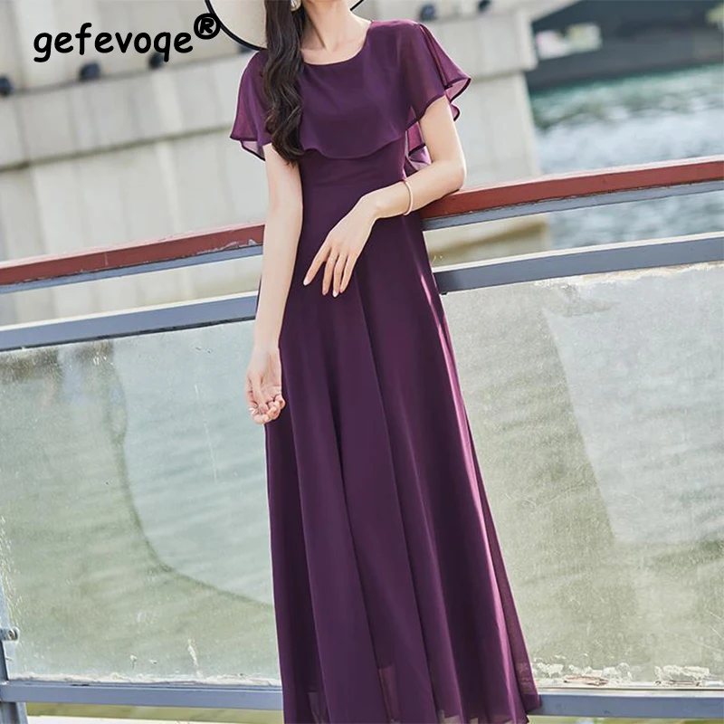 2022 Summer Elegant Fashion Ruffles Slim Long Dress Women Temperament Vestidos Slim Casual Solid Color A-line Dresses Robe Femme