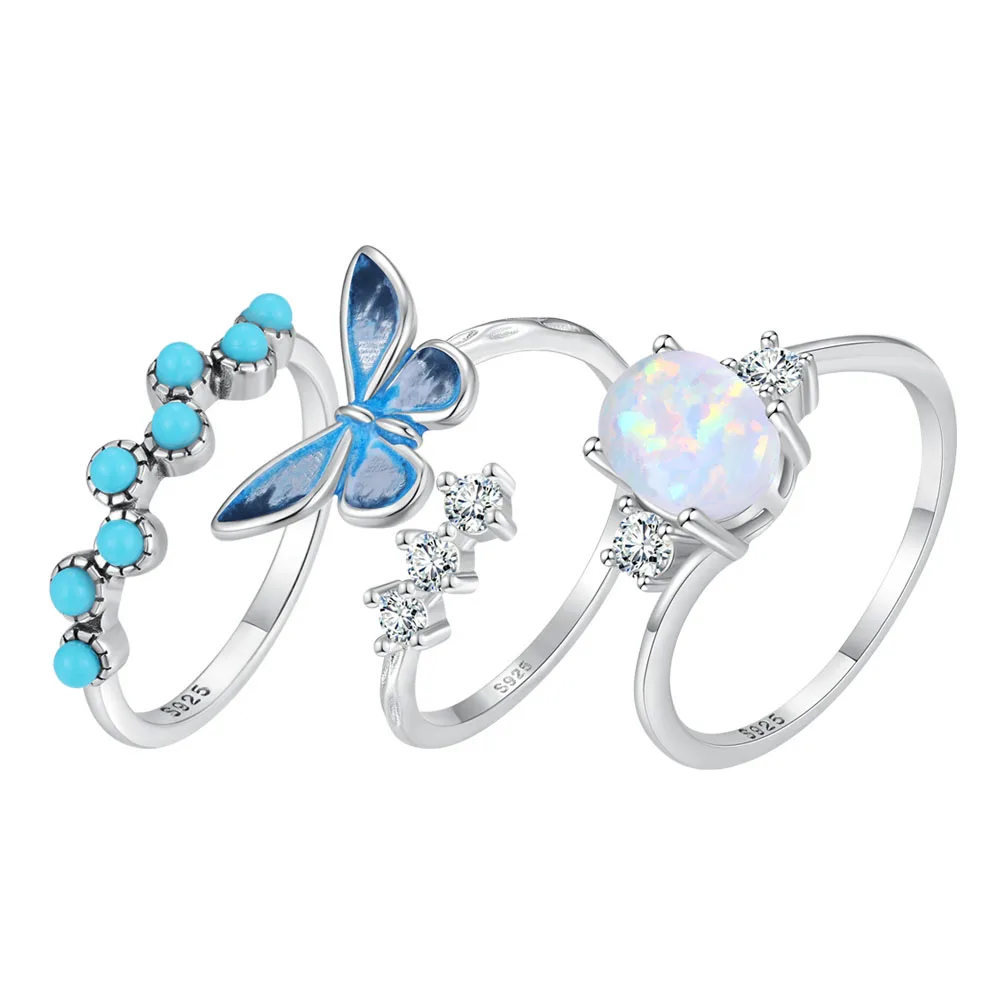 LENNIK 925 Sterling Silver Turquoise Opal Zircon Ring Butterfly Cat Pattern Oil Drop Ring Women's Wedding Boutique Jewelry S925