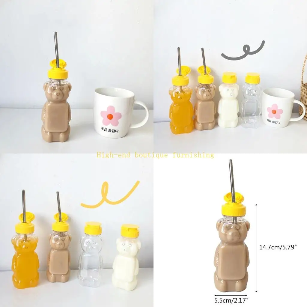 

L9NB Lovely Cartoon Bear Straw Cup Water Bottle with Lid Leakproof Home Travel Couple