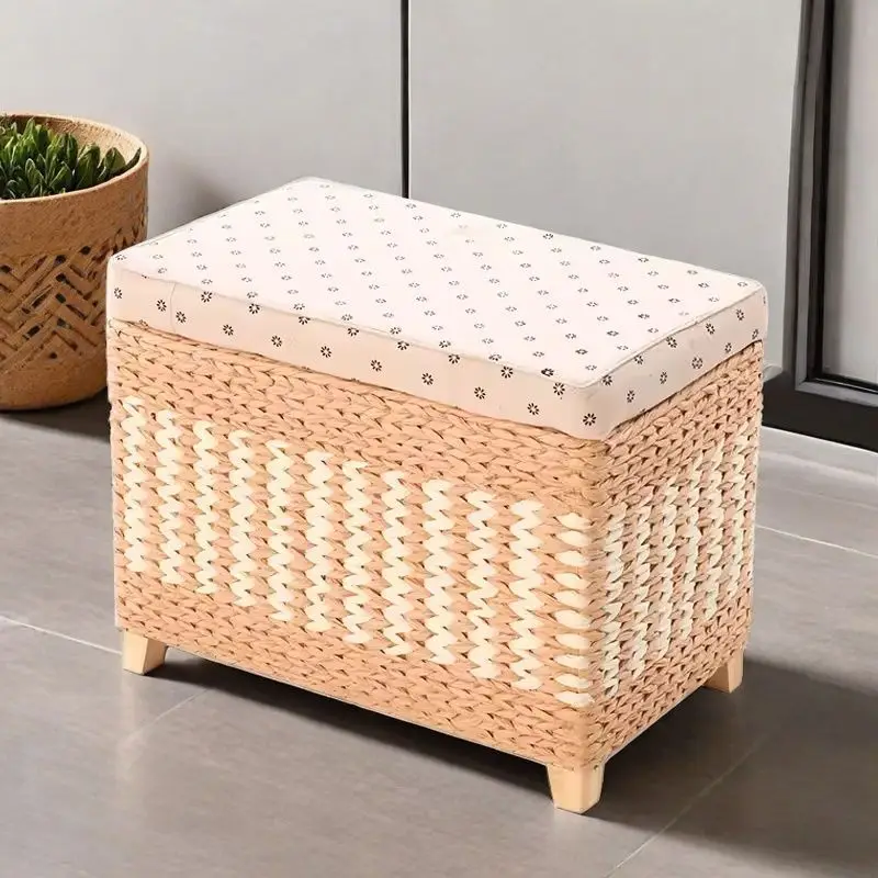 

Handwoven & Solid Wood Storage Stool & Organizer Trunk, Multifunctional Shoe Changing Bench for Entryway, Hallway, Home Use