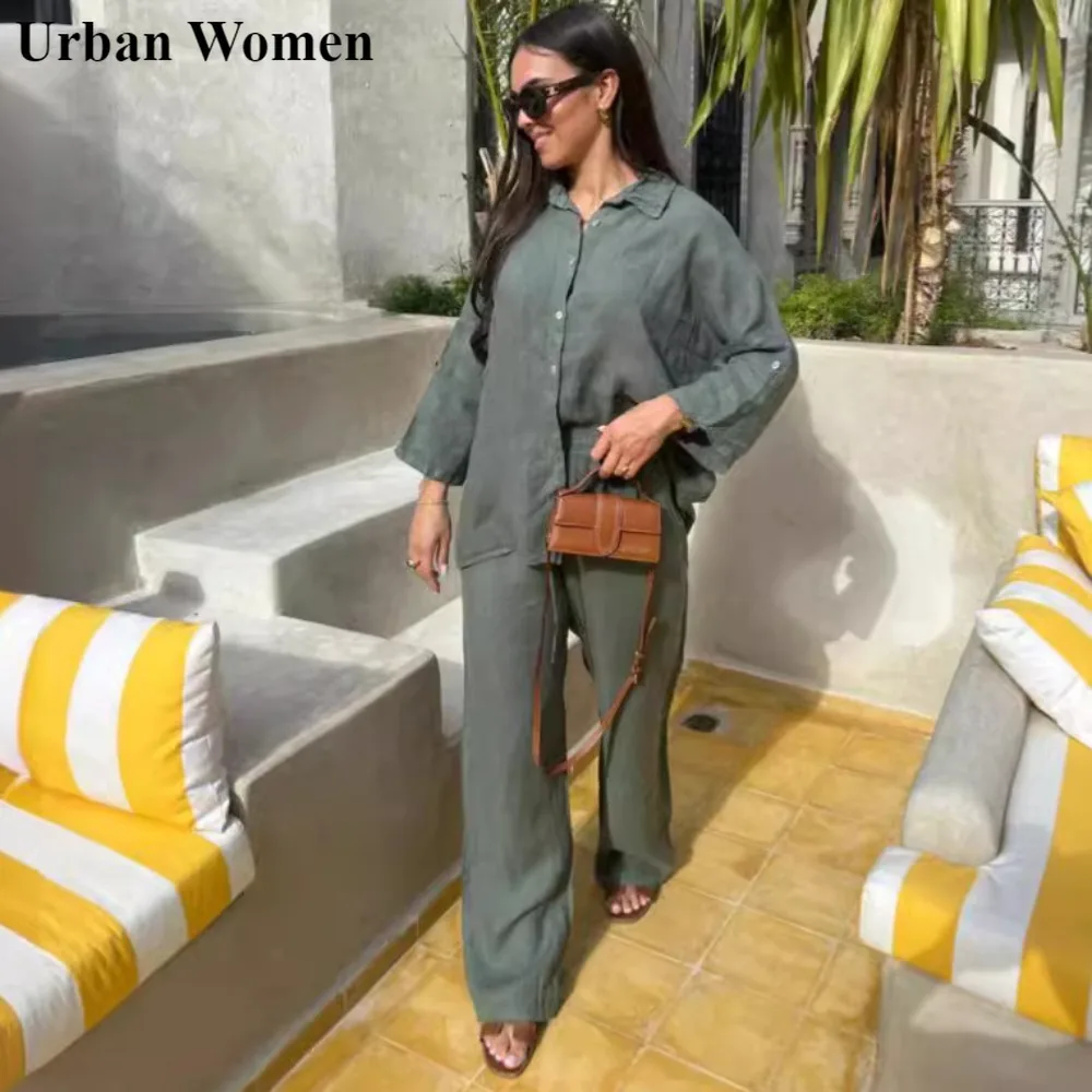 

Summer Fashion Shirt Two Piece Set Women Casual Loose Button Shirt Wide Leg Pants Two Piece Set Women