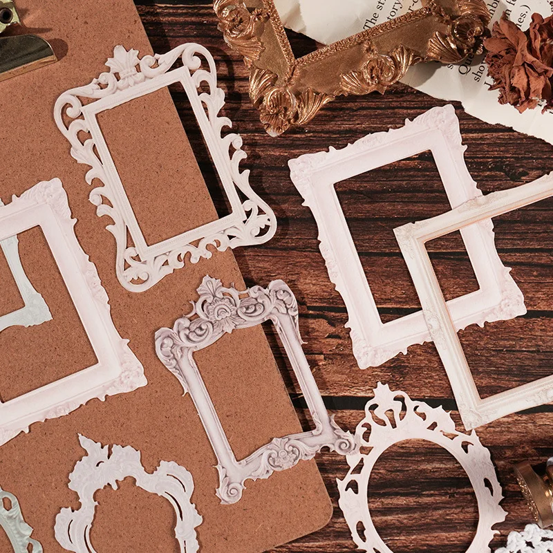 10Pcs Vintage Hollow Out Embossed Picture Frame Scrapbooking Paper DIY Junk Journal Planner Collage Paper Decoration Material