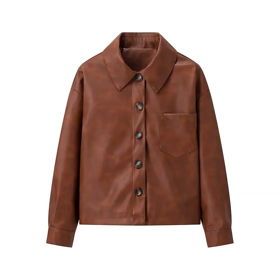

TRAFZA Women New Fashion Lapel Single-breasted Two-tone Leather Jacket Female Sexy Elegant Pockets Long Sleeve Coat Streetwear
