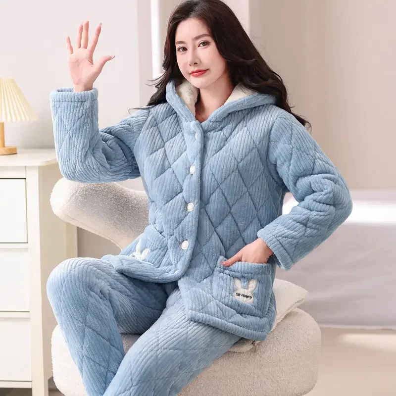 Winter Three-layer Thickened Coral Fleece Padded Pajamas Women's Warm and Cotton Winter Loungewear Women's Padded Jacket Set