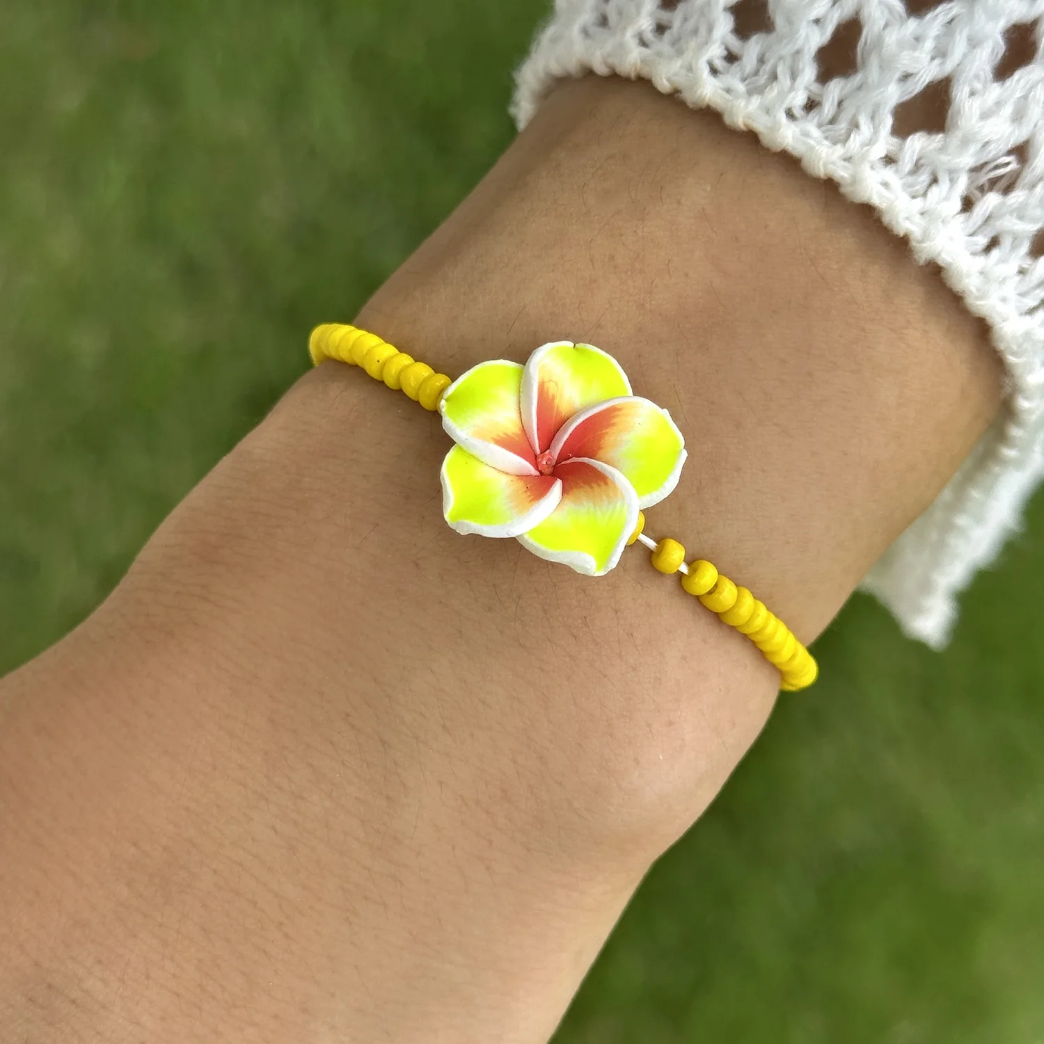 Boho Style Egg Flower Soft Pottery Flower Rice Bead Collarbone Chain Bracelet for Women Polychromatic Party Vacation Jewelry