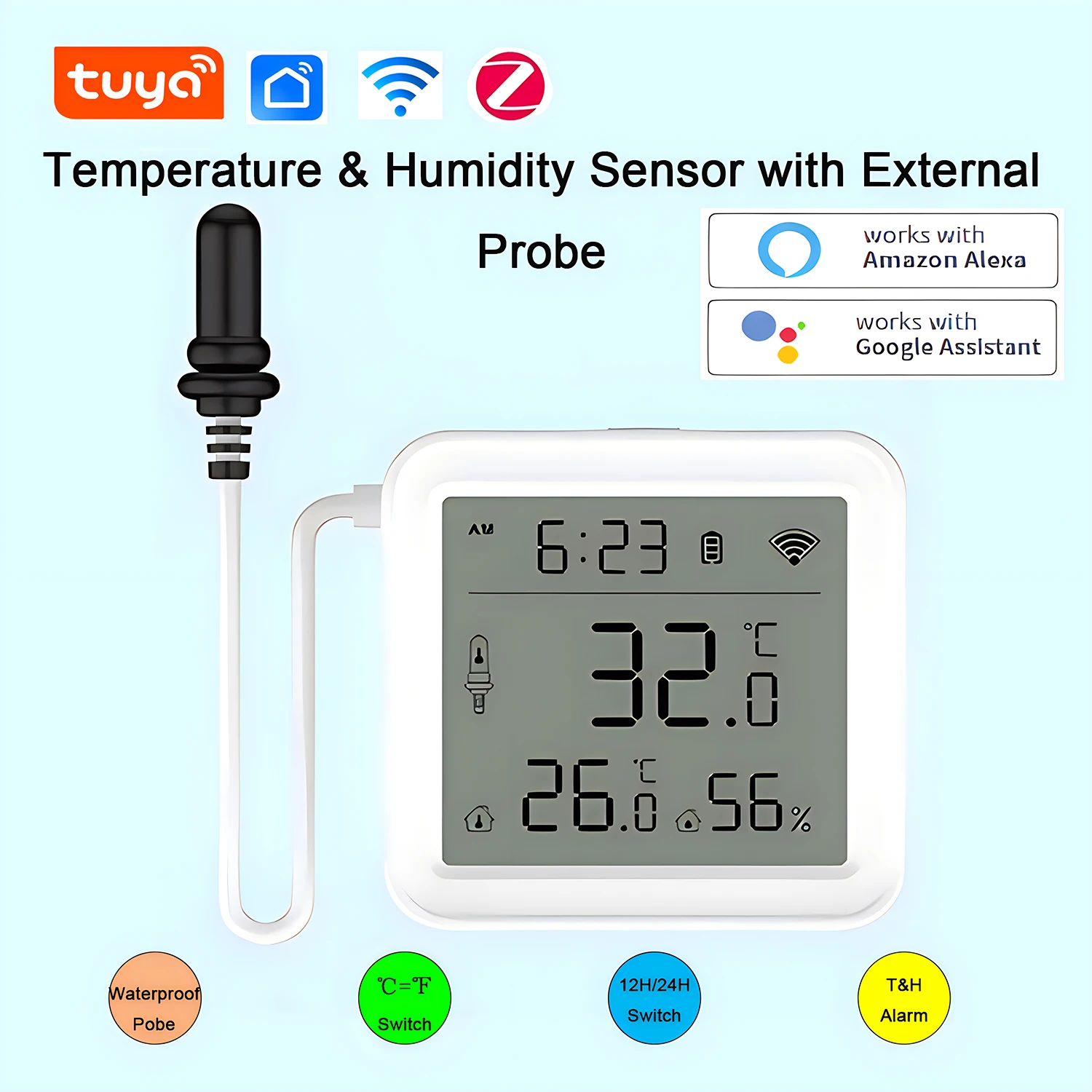 sensor inteligente de temperatura e umidade tuya wifi zigbee sonda externa switch trabalho com alexa assistente do google 12 24h novo 01