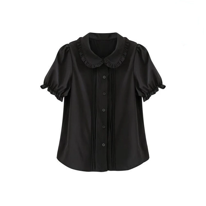 Lolita Shirts Peter Pan Collar Puff Sleeve Solid Color Pleated Blouses Summer All Match Single Breasted Kawaii Women Clothes