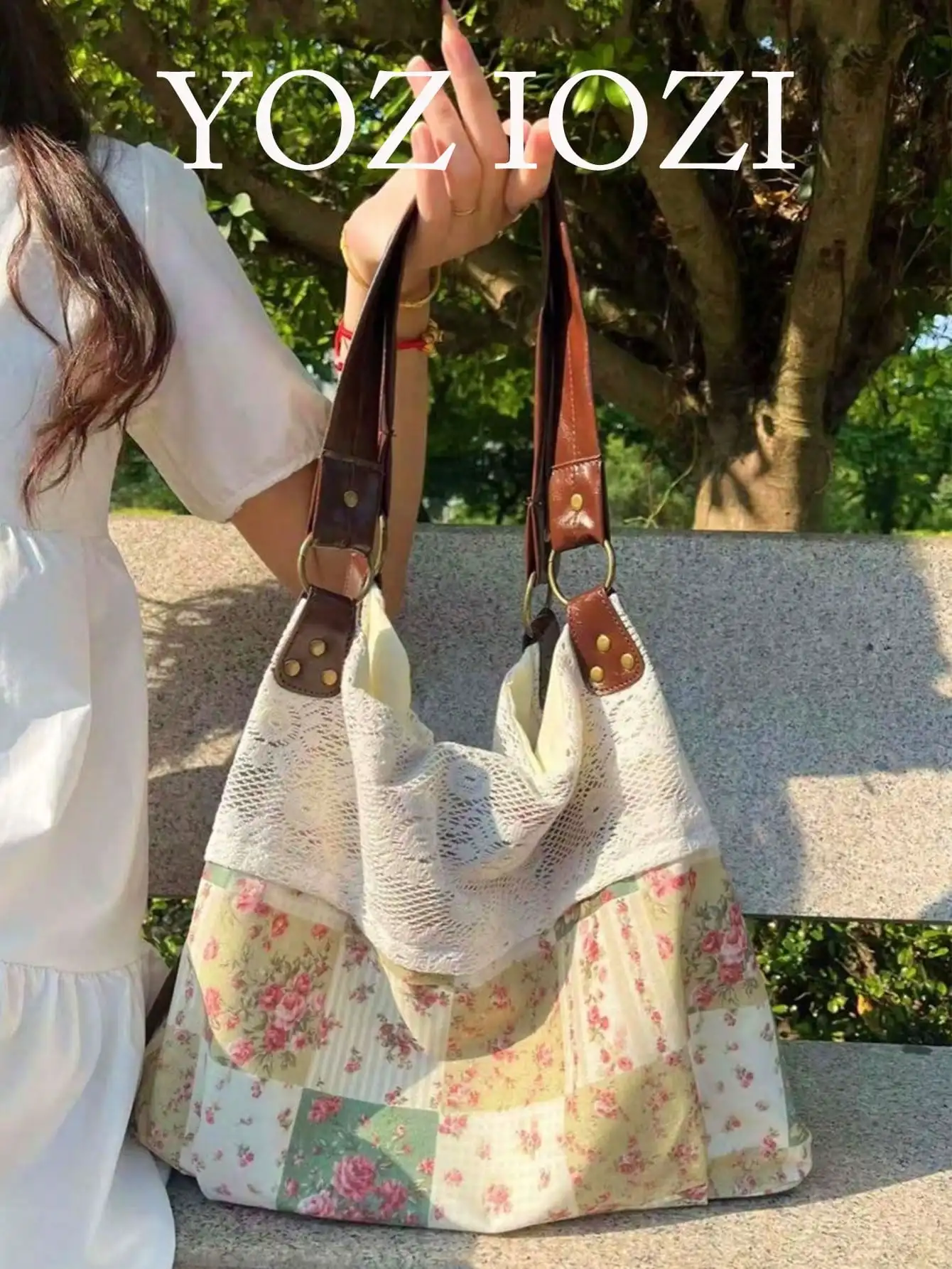 

Lace Patchwork Tote Bag, Large Capacity Shoulder Bag for Campus or Office