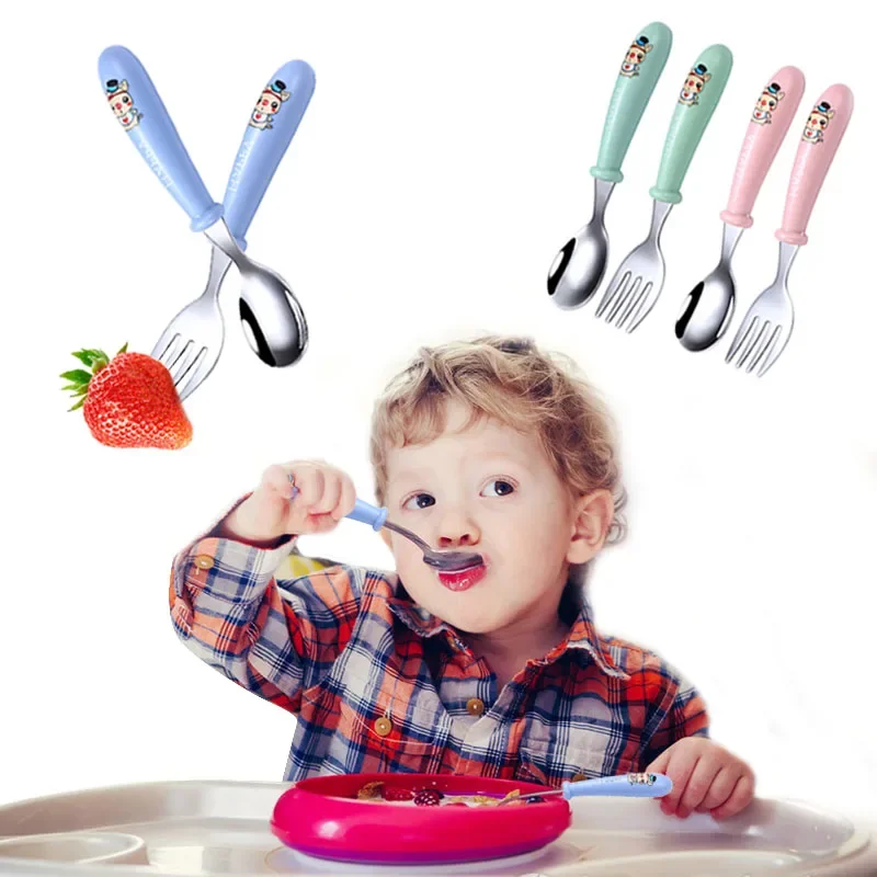 Conjunto de utensílios de mesa para bebês, utensílio de aço inoxidável para crianças pequenas, talheres de desenho animado, colher de alimentação infantil, garfo