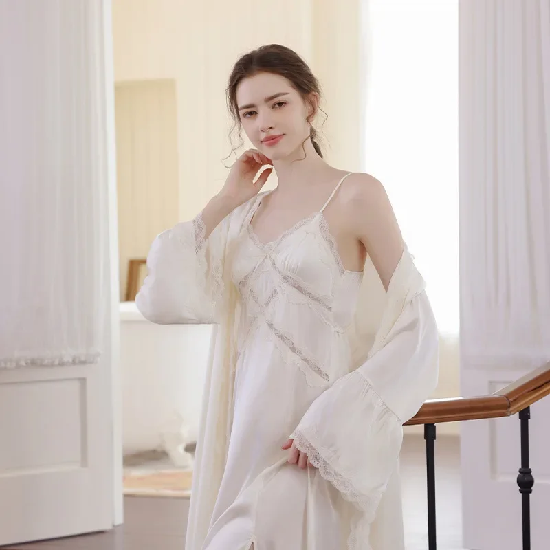 

2PCS Bathrobe Gown Suit Summer Silky Satin Kimono Sleepwear Home Clothes Lace Robe Set Nightgown Women Nightdress Loungewear