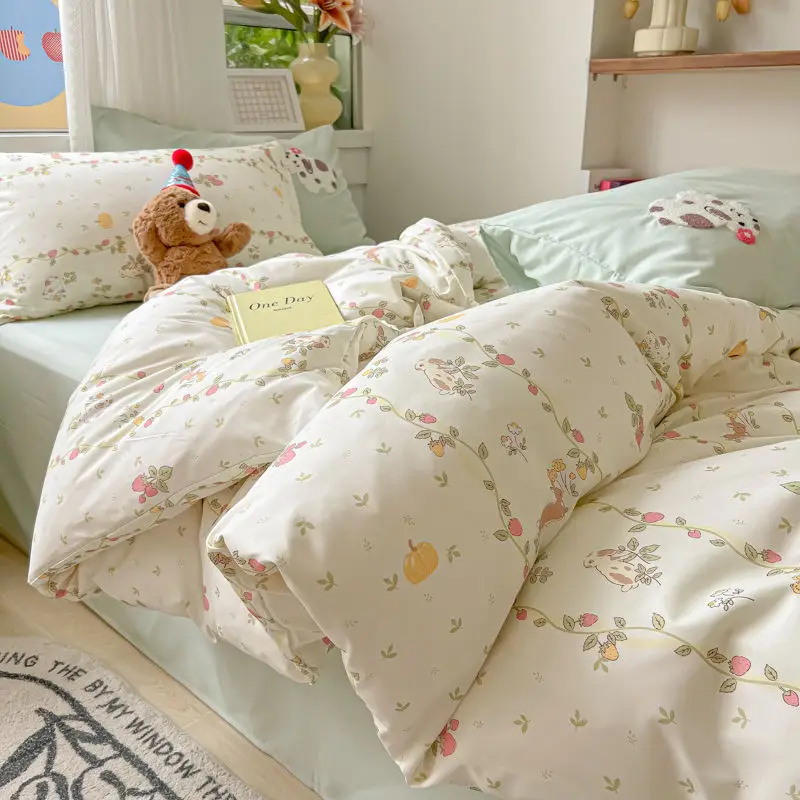 

Rural style small and fresh floral water washed cotton quilt cover, ins four piece set, 1.5 bed sheets, bedsheet, student