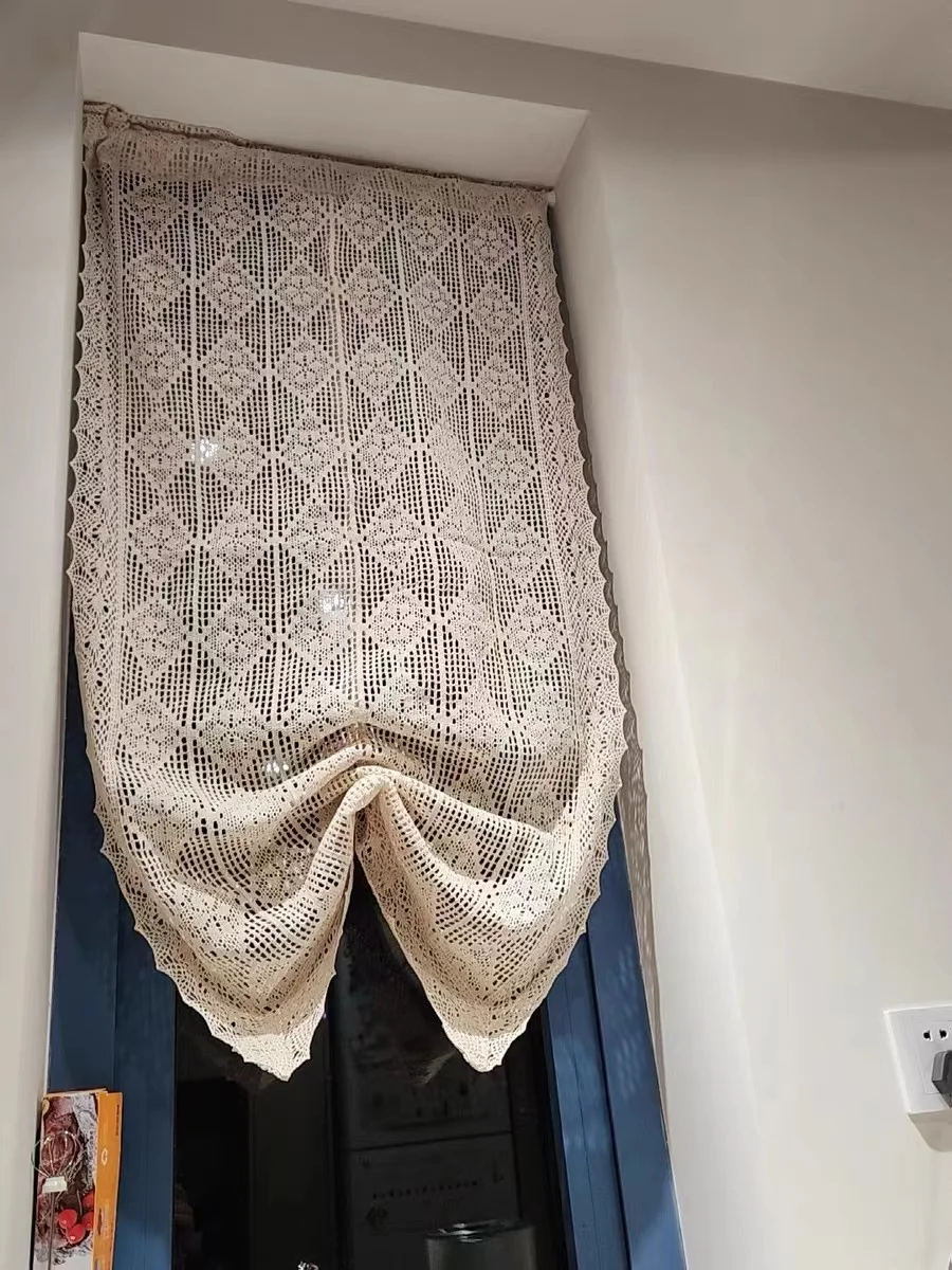 

Lifting Crochet Translucent Curtain for Living Room, American Country Style Hollow Boho Art Decor for Bedroom and Balcony