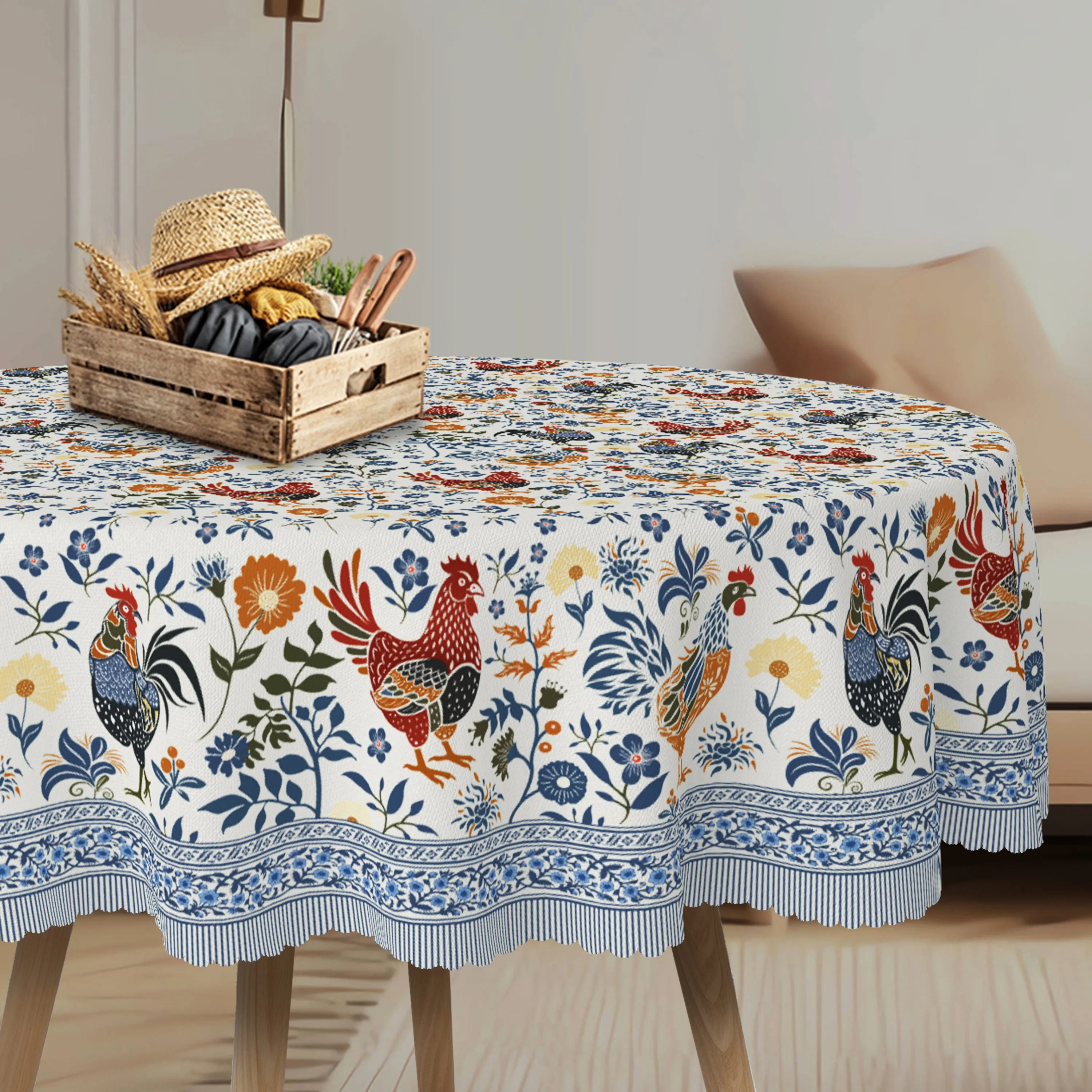 Retro rooster-print tablecloth, rural countryside-style floral decoration, classic blue and orange color scheme