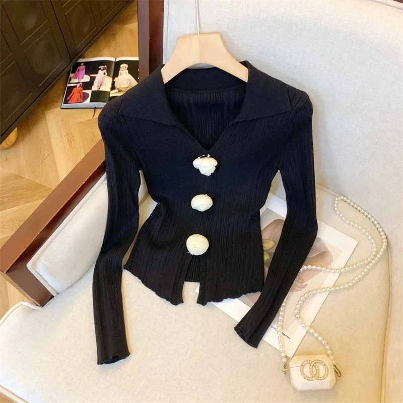 قميص قاعدة محبوك أنيق رغبة نقية أوائل الخريف النمط الفرنسي سليم صالح بولو طوق أعلى جودة TikTok Taobao المألوف #5