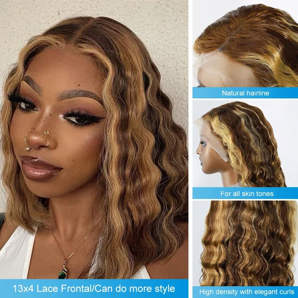 13x4 Deep Wave Lace Frontal Wig Highlight Glueless BOB Human Hair Wigs for Women Brazilian Ocean Wave Perruque Cheveux Humain