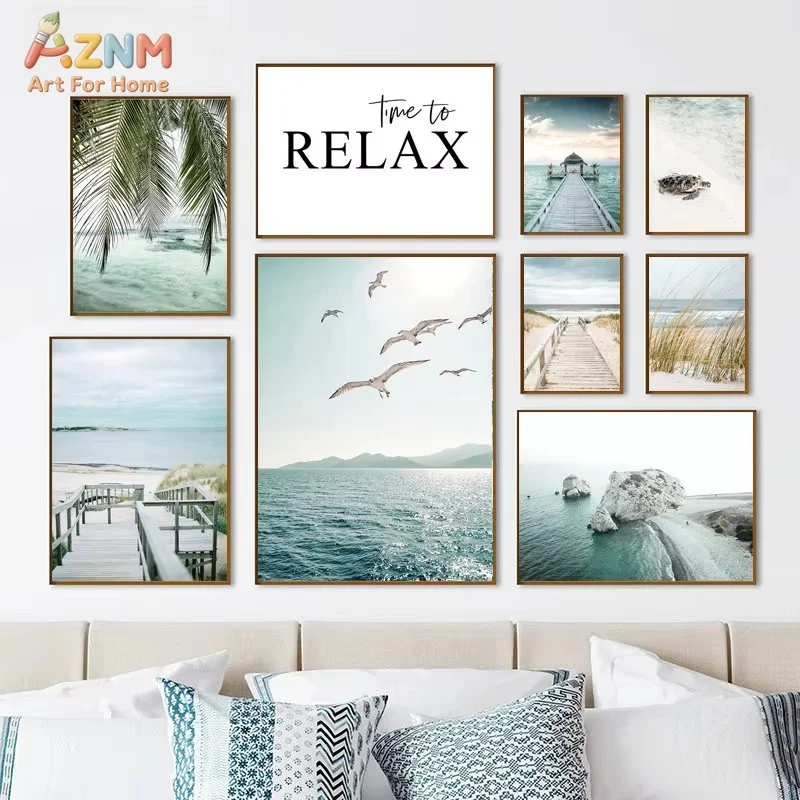 1PC Beach Sea Ocean Poster Canvas Painting Bridge Leaves Turtle Seagull Print Vibrant Summer Picture Nordic Home Decoration