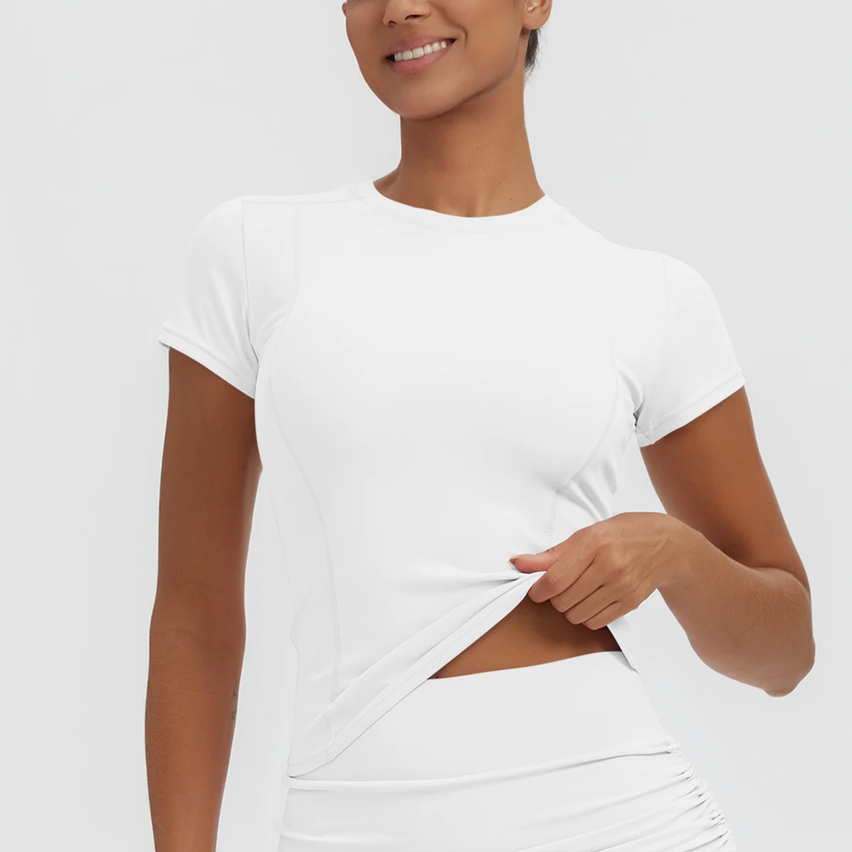 Neues Damen Sommer Yoga Kurzarm T-Shirt Lauf- und Radsport Einfarbiges Schnelltrocknendes Workout-Oberteil Enganliegend Atmungsaktive Yoga-Kleidung – Detail 7