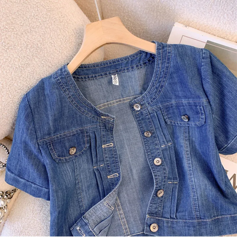 UHYTGF Short-Sleeved Denim Jacket Womens 2023 O Neck Summer Jeans Shirt Female Single Breasted Casual Short Thin Top Ladies 2605