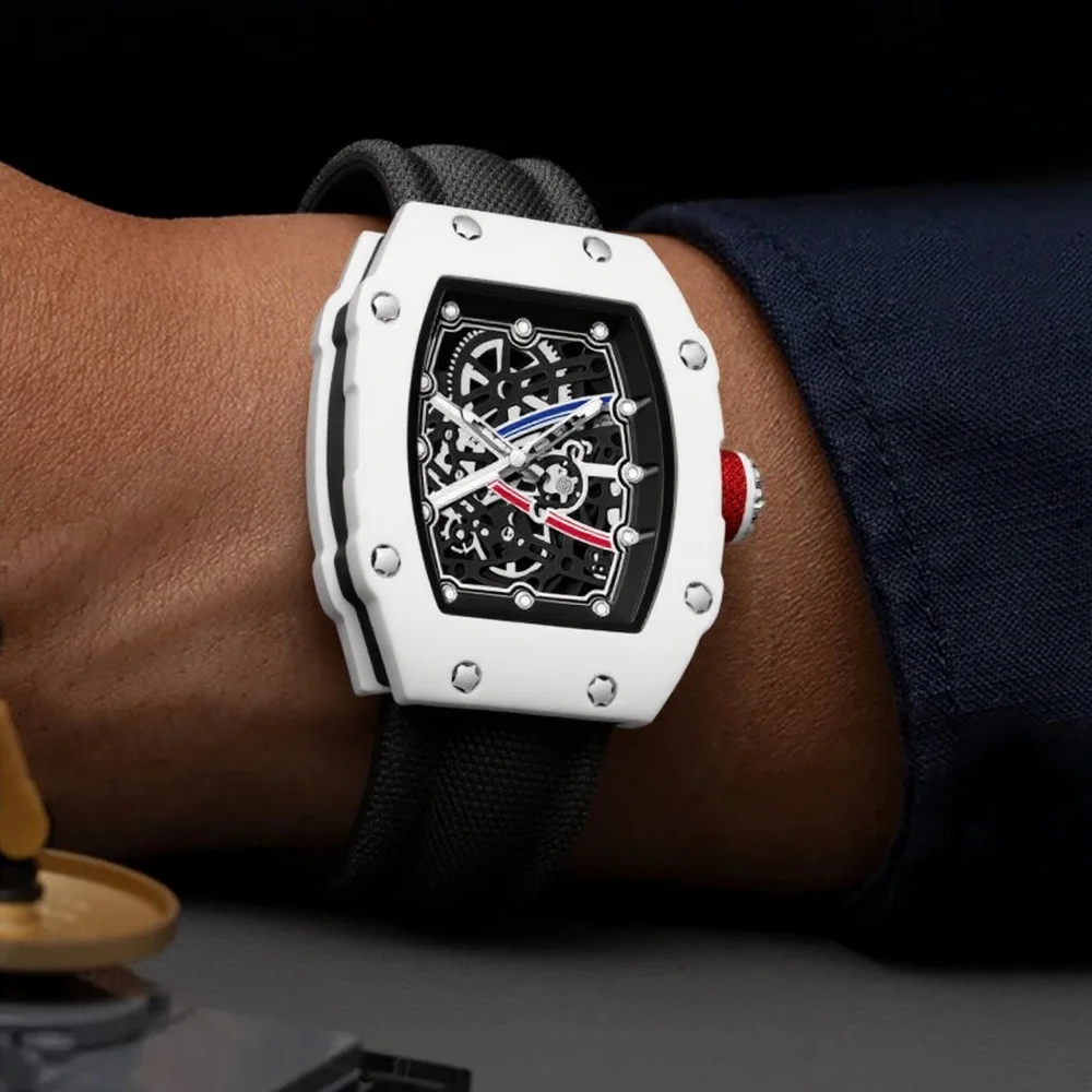 Hot Selling Transparent Trendy Ultra-Thin Classic Design Tonneau Quartz Watch Nylon Strap Mens Watches Casual Skeleton AAA Clock