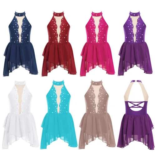 Vestido de patinaje artístico para niñas, danza lírica, Ballet, gimnasia, sin mangas, malla brillante con diamantes de imitación, leotardo, tutú, Ropa de baile