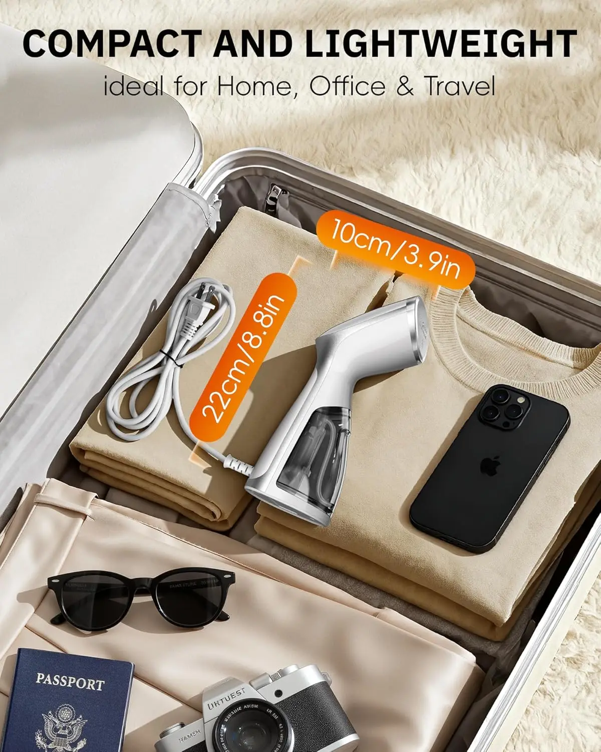 Tragbarer 1000-W-Kleidungsdampfer, tragbarer Stoff-Faltenentferner für Zuhause und Büro – Weiß (nur 120 V)