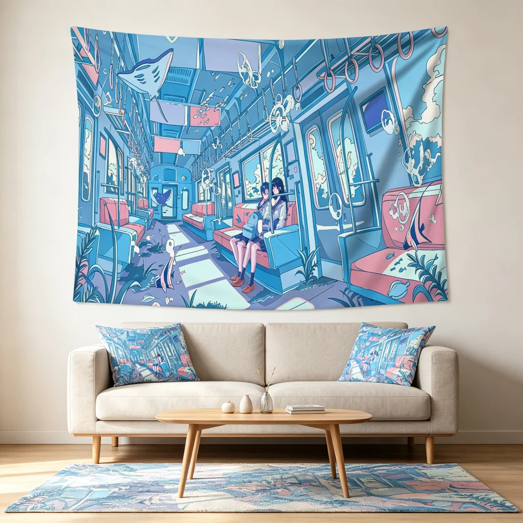 1PC Blue Anime Subway Couple Art Print Backdrop Banner, Bedroom Living Room Photo Background, Polyester, Home Decor, Wall Art