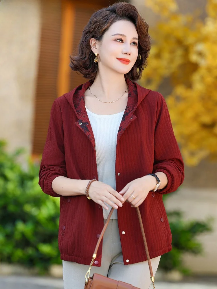 

Faionable Loose Cardigan Set with Hood for Middle-Aged Women Autumn Clothes Polyester Fiber Single-Breasted ort Coat