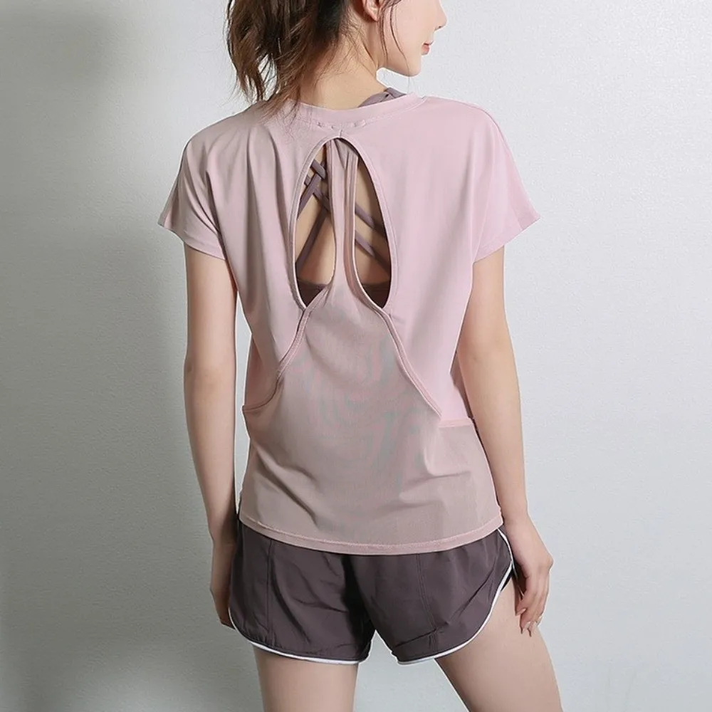 

Basic Quick Dry Sports Yoga T-Shirts Short Sleeve Loose Running Shirts Tees Backless Thin Sports Tops Female