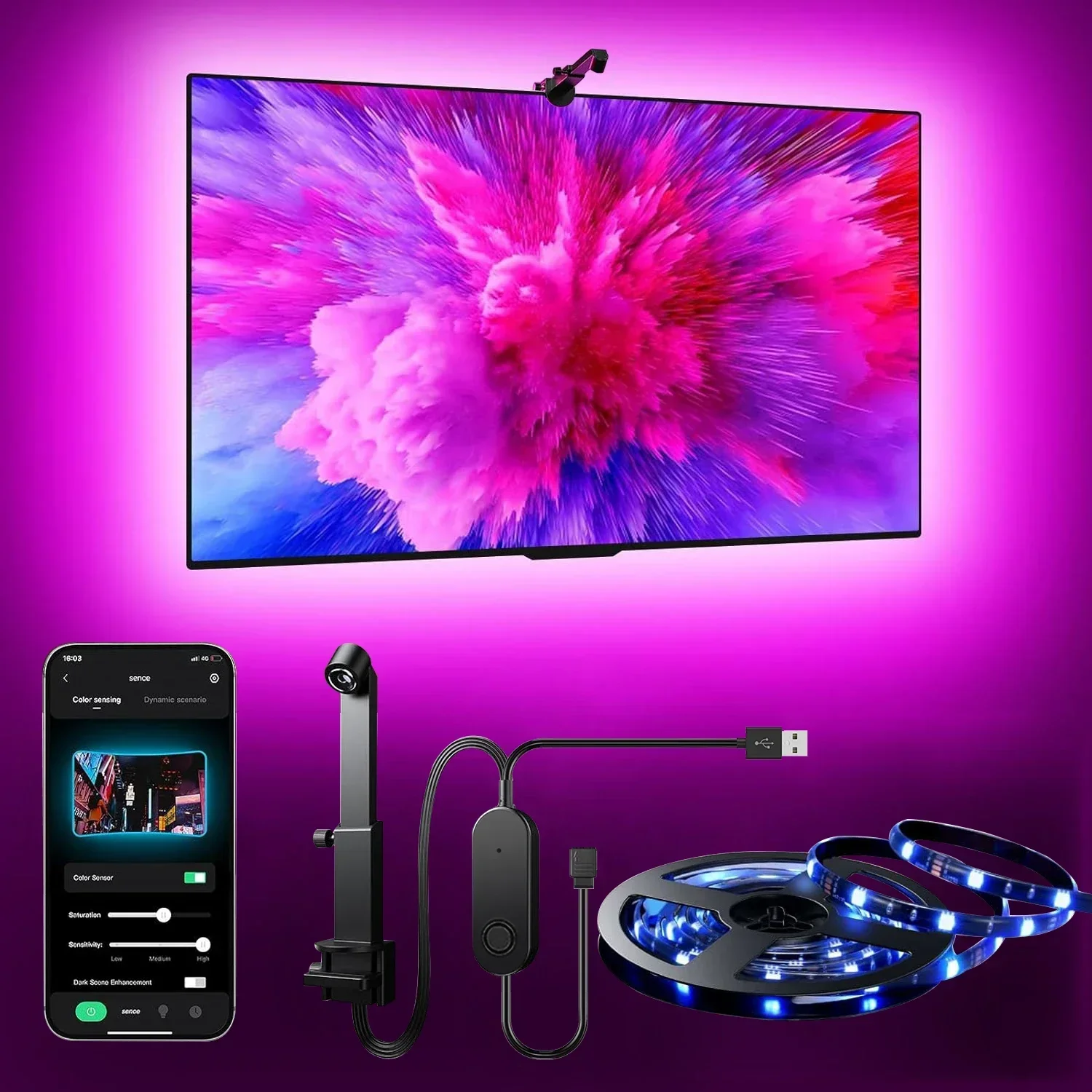 Rgb TV LED Backlight with AR Color Gamut Sensor 12.5FT-16.4ft RGB Strip Light for 55-85 Inch TV and Monitors Room Decoration