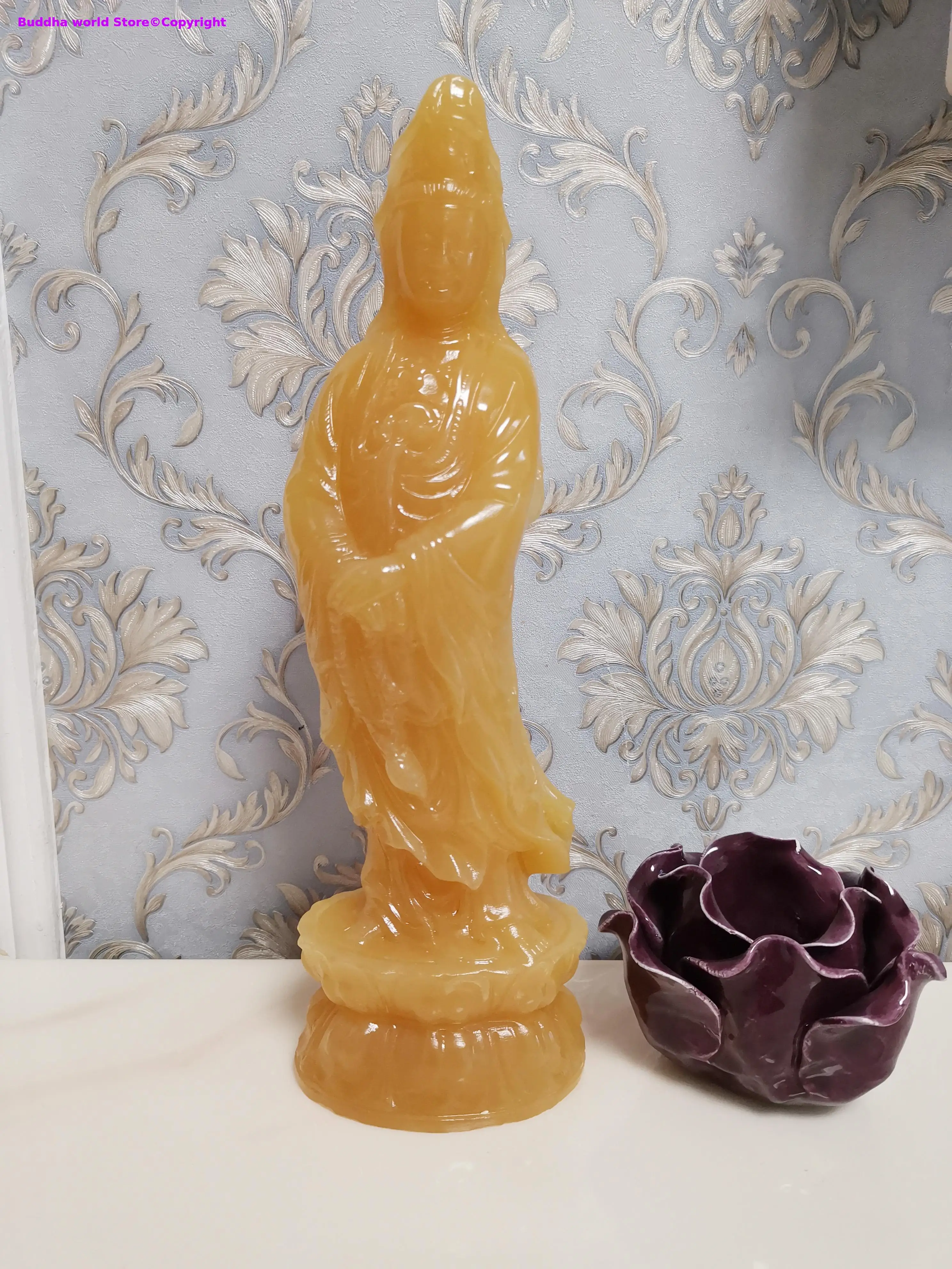 30CM Large Asia HOME Spiritual efficacious Mascot Guanyin Avalokitesvara buddha Handmade Yellow jade carving FENG SHUI statue