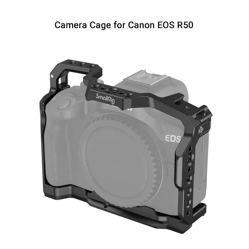 

Клетка SmallRig для универсальной клетки Canon EOS R50 с отверстием 1/4–20 дюймов ARRI 3/8–16 отверстиями, крепление для холодного башмака, направляющая НАТО 4214