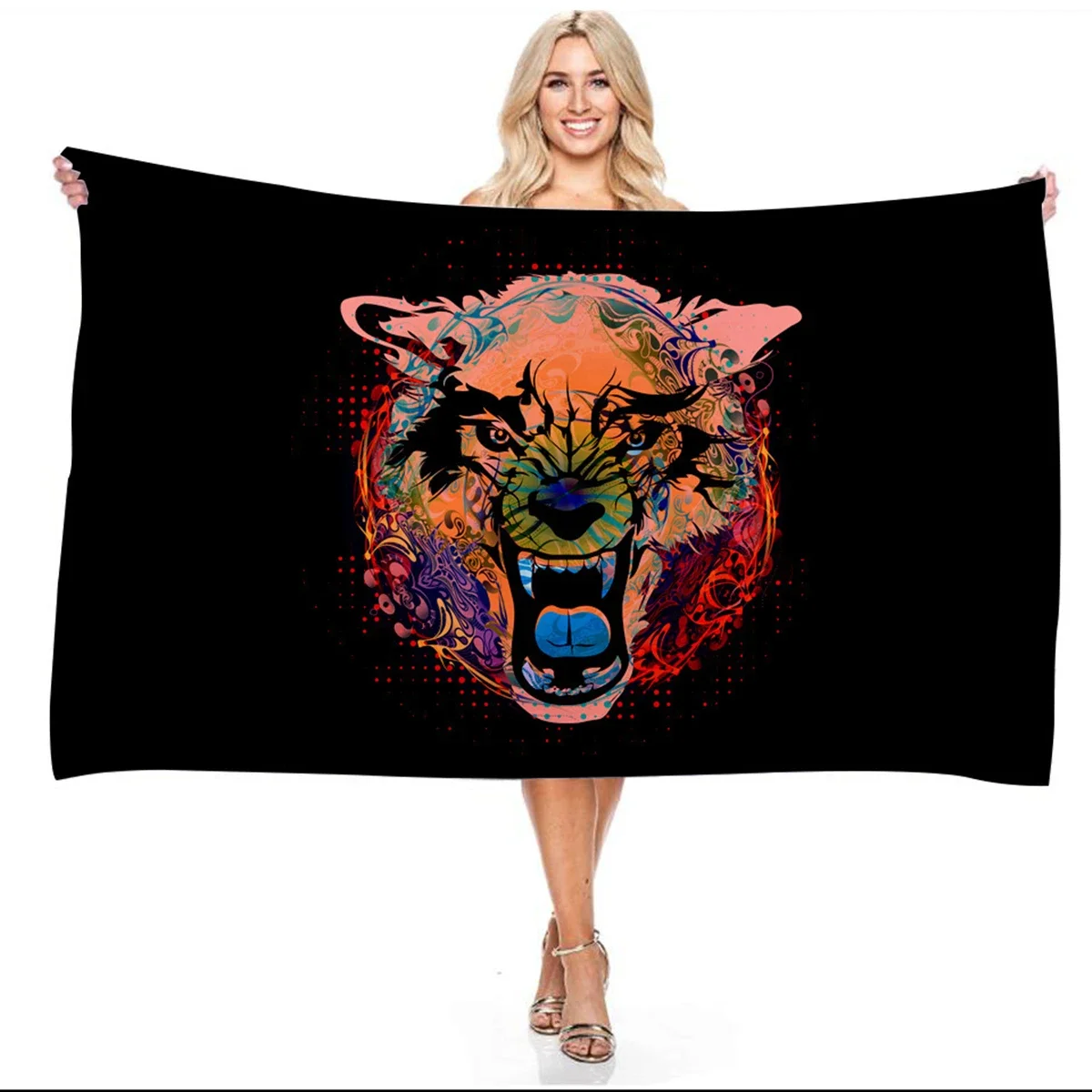 Black Background Color Tiger Lion Print Beach Towel Rectangular Bath Towel Bathroom Outdoor Sports Yoga Travel Camping Men Women