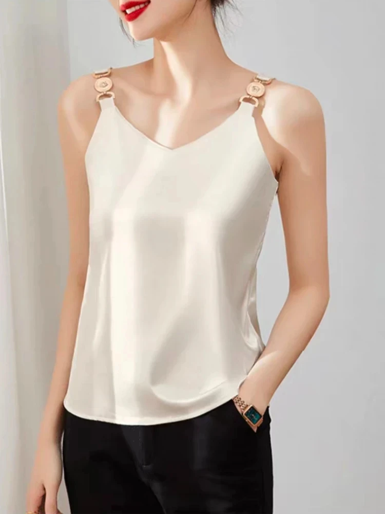 Wide Shoulder Straps Satin Sleeveless Women\'s T-shirt Fashion White V-neck Acetate Tank Top Temperament Elegant 2024 Summer Top