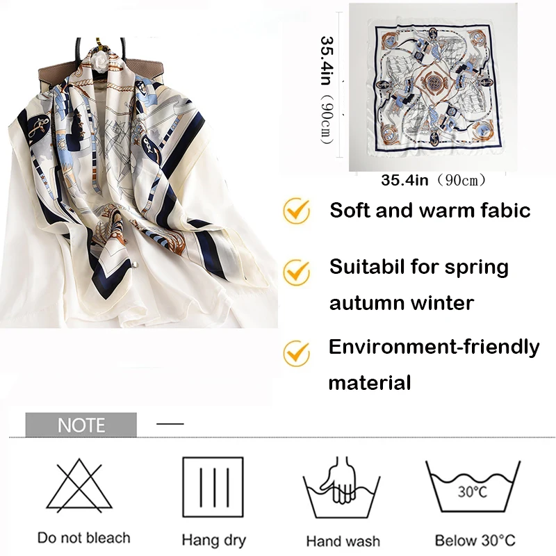 90*90cm Women Square Silk Scarf Luxury Brand Large Shawl Neckerchief Print Headband Female Foulard Bandana Wraps Hijab Scarves