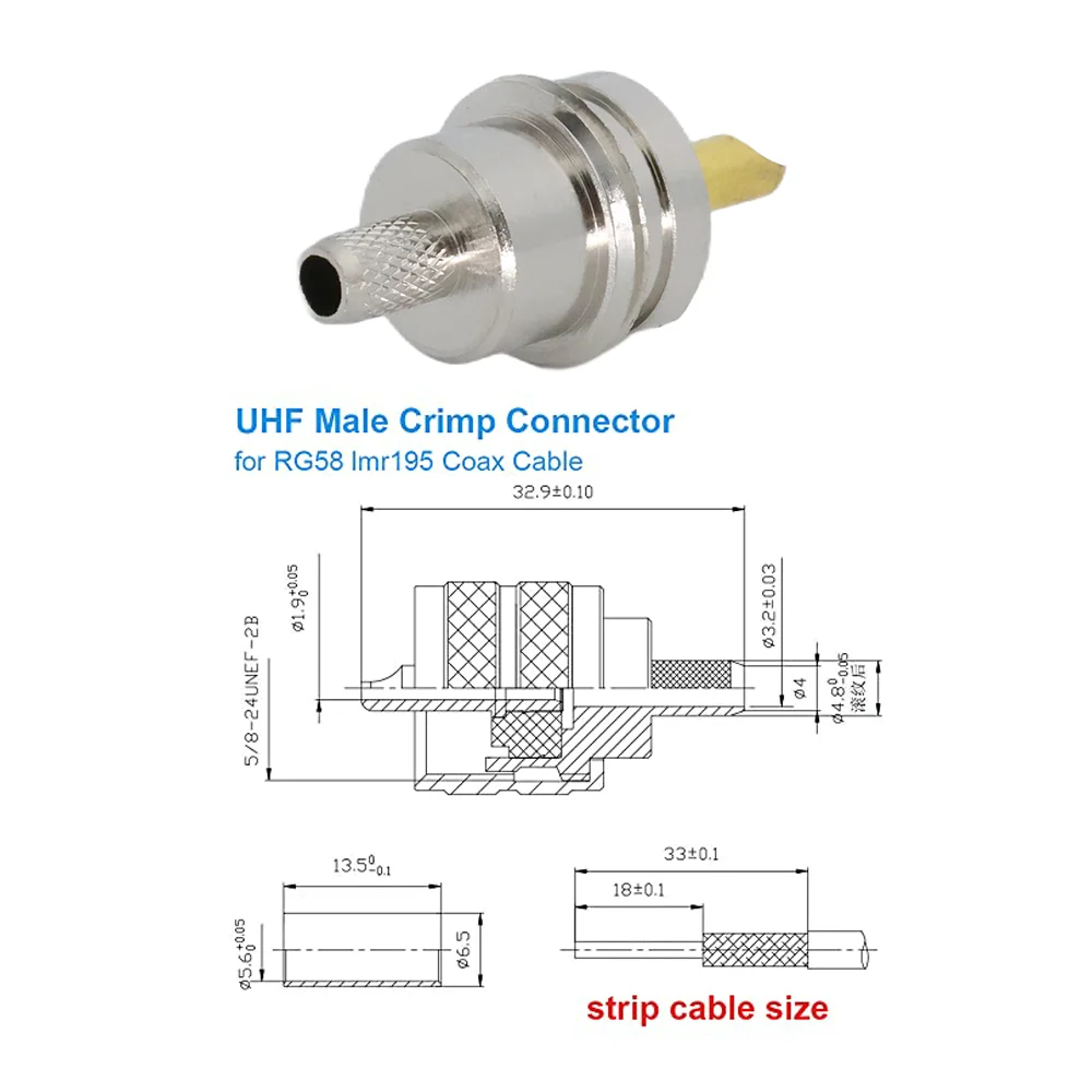 10pcs/5pcs/2pcs/1pcs PL-259 UHF Male RF Crimp Solder Connector Adapter for RG58 RG142 LMR195 Coax Cable - Nickel & Gold Plated
