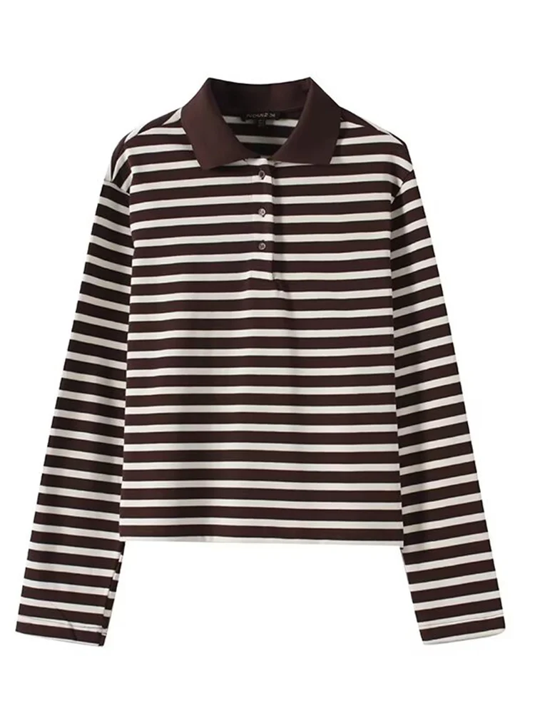 

European style new women's fashion versatile temperament casual lapel striped long-sleeved knitted top