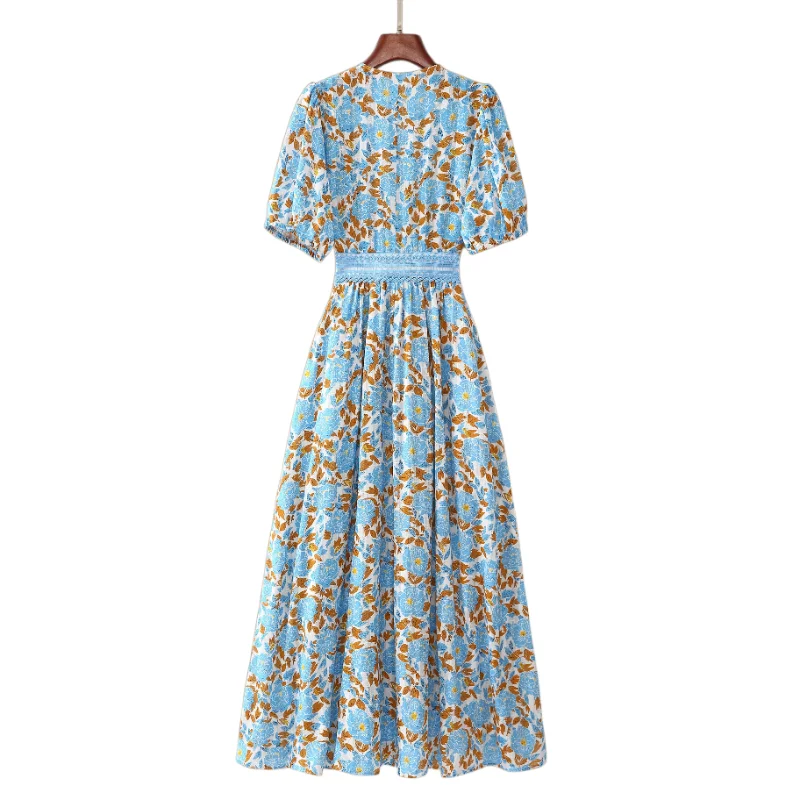 2026 New Collection | French Blue & White Floral Cotton Dress | V-Neck Lace Trim Waist-Cinching Midi Dress | US2-US12
